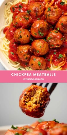 spaghetti and meatballs with tomato sauce in a white bowl next to the same image