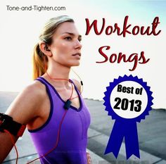 a woman with headphones and ear buds in front of a sign that says workout songs best of 2013