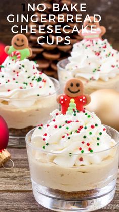 Indulge in the holiday spirit with these No-Bake Gingerbread Cheesecake Cups! Creamy, spiced cheesecake filling meets a crunchy ginger snap crust in adorable single-serving cups, perfect for Christmas gatherings. Easy to make ahead, festive, and topped with whipped cream and sprinkles—or a mini gingerbread man for extra holiday cheer!#christmasdesserts#nobakedesserts#cupdesserts Mini Cheesecakes In Cups, Desert Cups Ideas Christmas, Christmas Jello Cups For Kids, Christmas Cup Desserts, Mini Xmas Desserts, Christmas Appetizers In A Cup, Gingerbread Cheesecake Cups, Small Christmas Dessert Ideas, Christmas Parfait Ideas