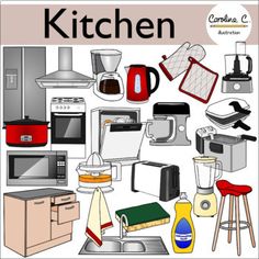 an image of a kitchen with appliances and other things in the room to be colored