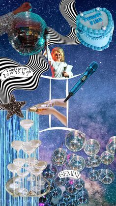 a collage of various items including cake, hairbrushes and other things in the sky