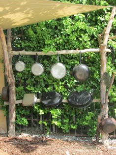 pots and pans are hanging on the wall in front of a green planter