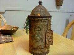 a wooden table topped with a canister filled with rice and other items on top of it