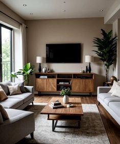 a living room filled with furniture and a flat screen tv mounted to the side of a wall