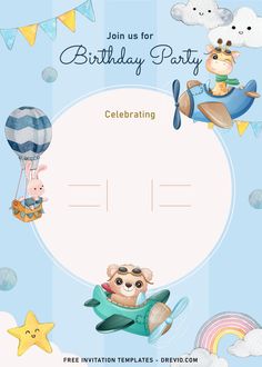 a birthday party with an airplane and animals in the sky, on top of a blue background