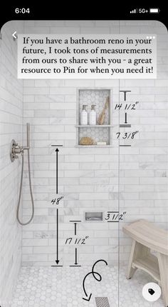 a bathroom with white tile and measurements for the shower