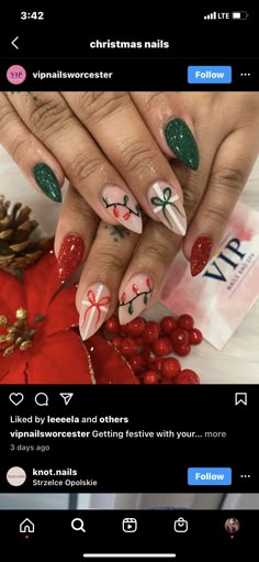 Winter Christmas Nails Almond Shape, Christmas Nails Modern, Christmas Nail Art Almond Shape, Short Stilleto Christmas Nails, Christmas Short Almond Nails, Almond Nail Christmas, Almond Nails Designs Winter Holidays, Christmas Pointy Nails, Christmas Nail Art Designs Almond