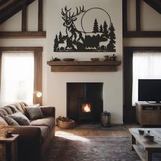 a living room filled with furniture and a fire place in front of a tv mounted on the wall