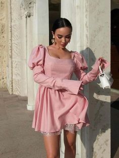 Long Puff Sleeve Stripe Rhinestone Lace Up Frill Mini Dress Frill Mini Dress, Feminine Elegance, Bandage Dress Bodycon, Cardigan Sweater Jacket, Long Puff Sleeves, Crop Top Blouse, Handmade Dresses, Pink Mini Dresses, Boho Maxi Dress