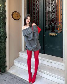 Red Trouser Outfit Women, Red And White Aesthetic Outfit, Red Thighs Outfit, Red Tights Aesthetic, Pink Tights Outfit, Red Trousers Outfit, Red Heels Outfit, Street Style Photoshoot