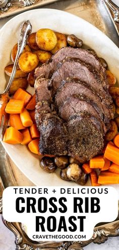 a white plate topped with roast, potatoes and carrots next to a serving spoon