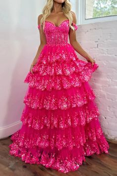 Hot Pink Corset, Hot Pink Prom Dress, Lace Long Prom Dress, Hip Bone, School Dance Dresses, Trendy Prom Dresses, Dream Prom, Pink Corset, Stunning Prom Dresses