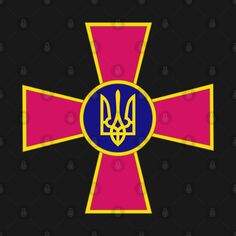 a cross with two initials on it in blue, pink and yellow colors is shown