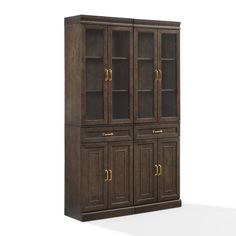 a wooden cabinet with glass doors and brass handles on the front, against a white background