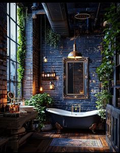 a bathroom with brick walls and plants growing on the wall