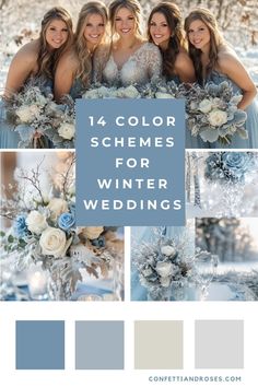 the color scheme for winter wedding is blue and gray, with white flowers on it