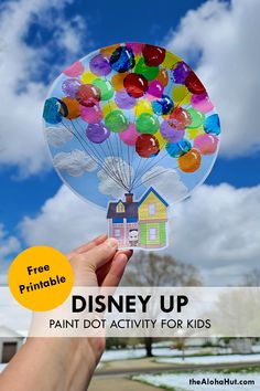 Great art activity for the kids or toddlers from our favorite Disney movie -- Pixar's UP movie! Download the free print and have fun creating this simple and cute DIY craft with your kids. Kids work on fine motor skills, dotting balloons and clouds. Would be a fun preschool lesson teaching colors and talking about circles.  #freeprintablesforkids #disney #upmovie #disneypixarupmovie #toddleractivities #preschoolactivities #creativekids #artactivity Disney Large Motor Activities, Disney Art And Craft, Disney Class Activities, Movie Art Projects, Disney Crafts For Kids Art Projects, Disney After School Club Ideas, Up Crafts Pixar, Disney Crafts For Preschoolers, Disney Projects For Kids