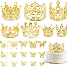 gold crowns and tiaras are shown on a white surface, with butterflies around them