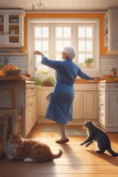 an older woman in a kitchen with two cats on the floor and one cat looking at her