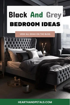 Elegant black and grey bedroom showcasing a tufted headboard, plush bedding, and sleek decor accents. Black And Grey Bedroom Ideas, Cozy Glam Bedroom, Black And Silver Bedroom, Silver Bedroom Decor, Black And Grey Bedroom, Dark Gray Bedroom, Grey Bedroom Ideas, Glam Bedroom Decor, Black Bedroom Decor