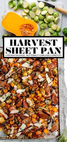 a sheet pan filled with different types of vegetables and the words harvest sheet pan on top