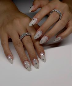 Star Nail Designs Simple, Nail Art Designs New Years, Short Almond Nails With Rhinestones, Studded Nail Art, Silver Celestial Nails, 2024 Almond Nails, Almond Bday Nails, Nails With Small Gems, Divine Feminine Nails