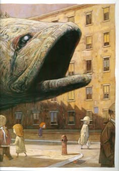 an image of a giant fish in the air with people walking around and looking at it