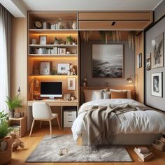 a bedroom with a bed, desk and shelves filled with pictures on the wall above it