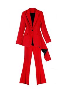 Be the best-dressed woman in the room with these red flared pant suits. The luxurious silk fabric is not only comfortable but also makes a statement. The long sleeve length and flared pants are perfect for a variety of body types and the casual style can be dressed up or down. Elegant Fitted Set With Flare, Elegant Fitted Flare Set, Elegant Red Sets For Fall, Red Party Suits For Fall, Fitted Flare Party Sets, Red Workwear Sets For Fall, Red Evening Sets For Fall, Elegant Red Sets, Red Party Sets For Fall