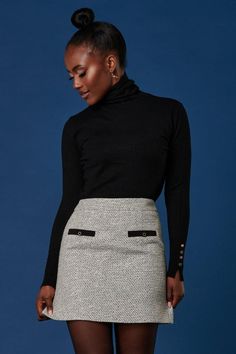 Style up your office chic with Jolie Moi's monochrome A-line tweed skirt, an effortlessly stylish skirt that is patterned with a tweed fabric that can be worn time and time again. Featuring a timeless A-line shape and adds a dose of glamour with faux pocket and gold embellished button detailing, match with our 'Monochrome Tweed Contrast Jacket' for a cute co-ord to your next occasion. Office Chic, Petite Jumpsuit, Stylish Skirts, Petite Coat, Lace Skater Dress, Tall Clothing, Tweed Skirt, Tweed Fabric, Tshirt Skirt