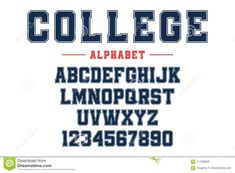 the college alphabet with numbers and letters in blue, red and white colors on a white background