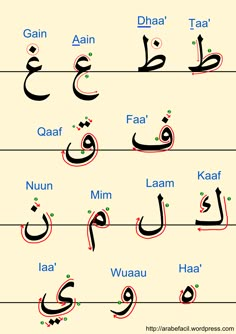 arabic alphabets with different names in the middle and lower letters on each letter,