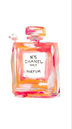 a bottle of chanel parfum with pink and orange paint splatters