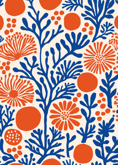 an orange and blue floral pattern on a white background