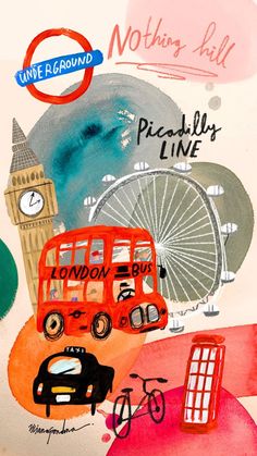 an image of a poster with the london bus and big ben on it's side