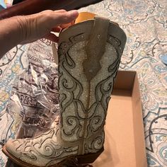 Size 5 Boots With Jewels On Tgem Silver Boots With Rhinestone Rivets And Round Toe, Glamorous Embellished Wedding Boots, Western Boots With Rhinestone Rivets, Corral White Glitter Boots, Corral Shoe Boots, Cowgirl Western Wear, Sparkly Boots, Corral Boots, Embroidered Boots