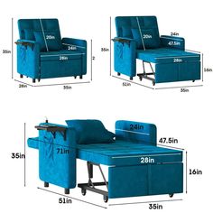 the size and measurements of a reclining chair with storage compartment in blue velvet fabric