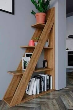 a bookshelf that is made out of wood and has plants on top of it