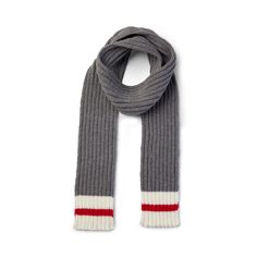 a gray scarf with red and white stripes on the ends, sitting against a white background