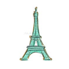 the eiffel tower is painted in aqua blue and gold foil on a white background