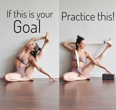 two pictures of a woman sitting on the floor with her arms in the air while holding a yoga mat