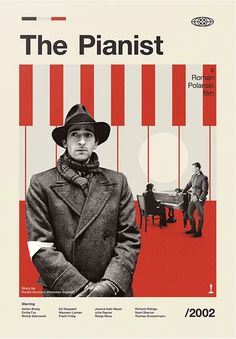 a man in a coat and hat standing next to a piano with the words the pianist on it