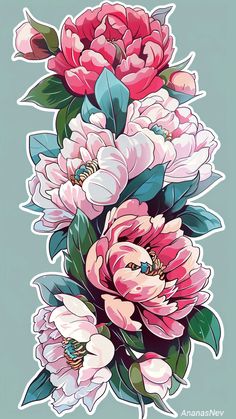 some pink flowers and green leaves on a blue background