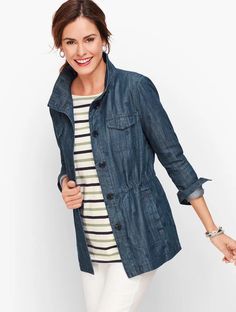 Shop Talbots for modern classic women's styles. You'll be a standout in our Safari Jacket - Embroidered Denim - only at Talbots! Long Denim Jacket, Capsule Outfits, Safari Jacket, Classic Style Women, Embroidered Denim, Field Jacket, Outerwear Sweater, Colored Denim, Jacket Style