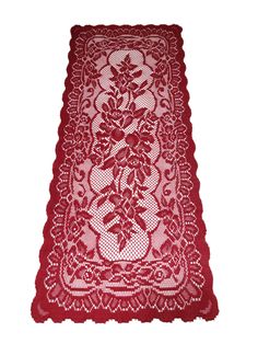 a red lace table runner on a white background