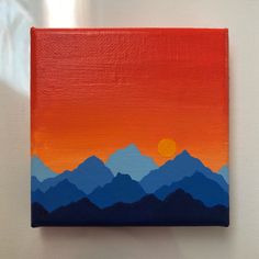 an orange and blue painting with mountains in the background