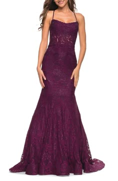 Set your style to stun when you arrive in this mermaid gown cut from glimmering stretch lace and styled with a slightly sheer bodice and a strappy back. 60" length Hidden back-zip closure Scoop neck Adjustable straps Lined 100% polyester Spot clean Imported Prom Dresses Fit And Flare, Lace Mermaid Prom Dress, Prom Dresses Purple, Prom Prep, Prom Dresses Floral, Senior Prom Dress, Princess Prom Dress, Tight Prom Dresses, Debs Dress