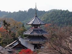 a tall building sitting on top of a lush green hillside next to trees with red leaves