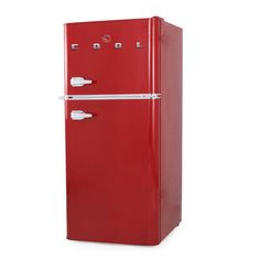 a red refrigerator freezer sitting on top of a white floor next to a wall