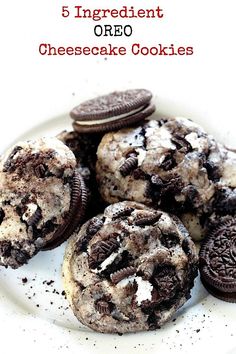 cookies and oreo on a plate with the words 5 ingredient oreo cheesecake cookies